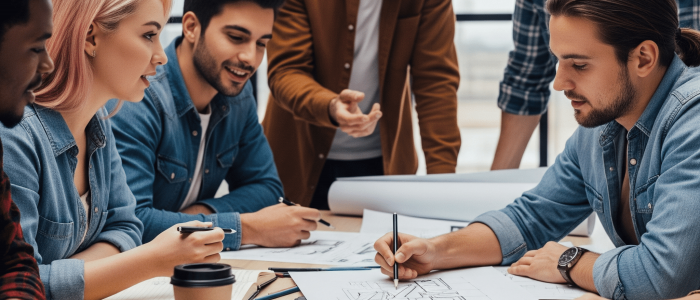 personas elaborando el diseño y construcción de stands